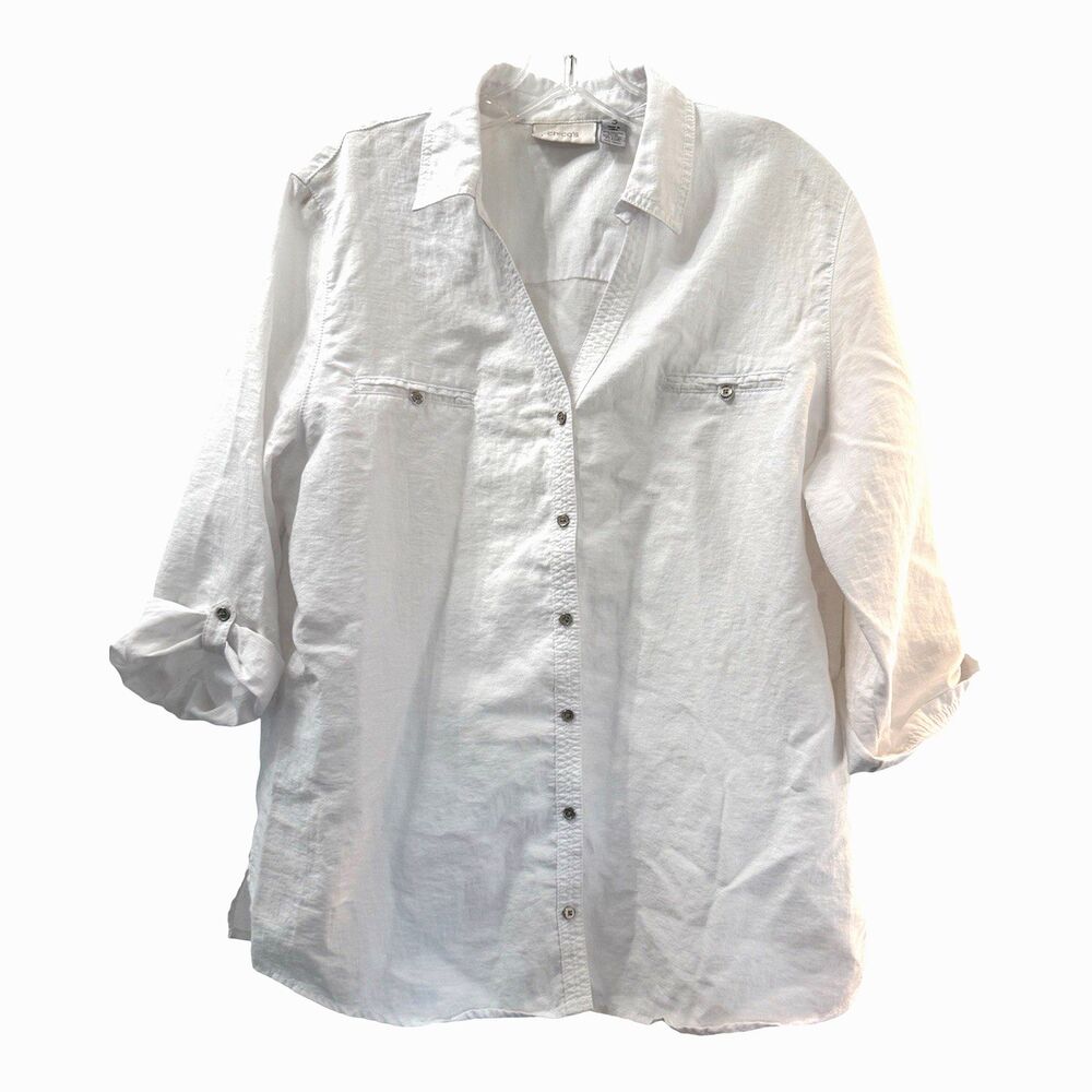 Chicos Button Front Shirt XL (3) 16/18 White Roll Tab Sleeve 3" Side Slit at Hem